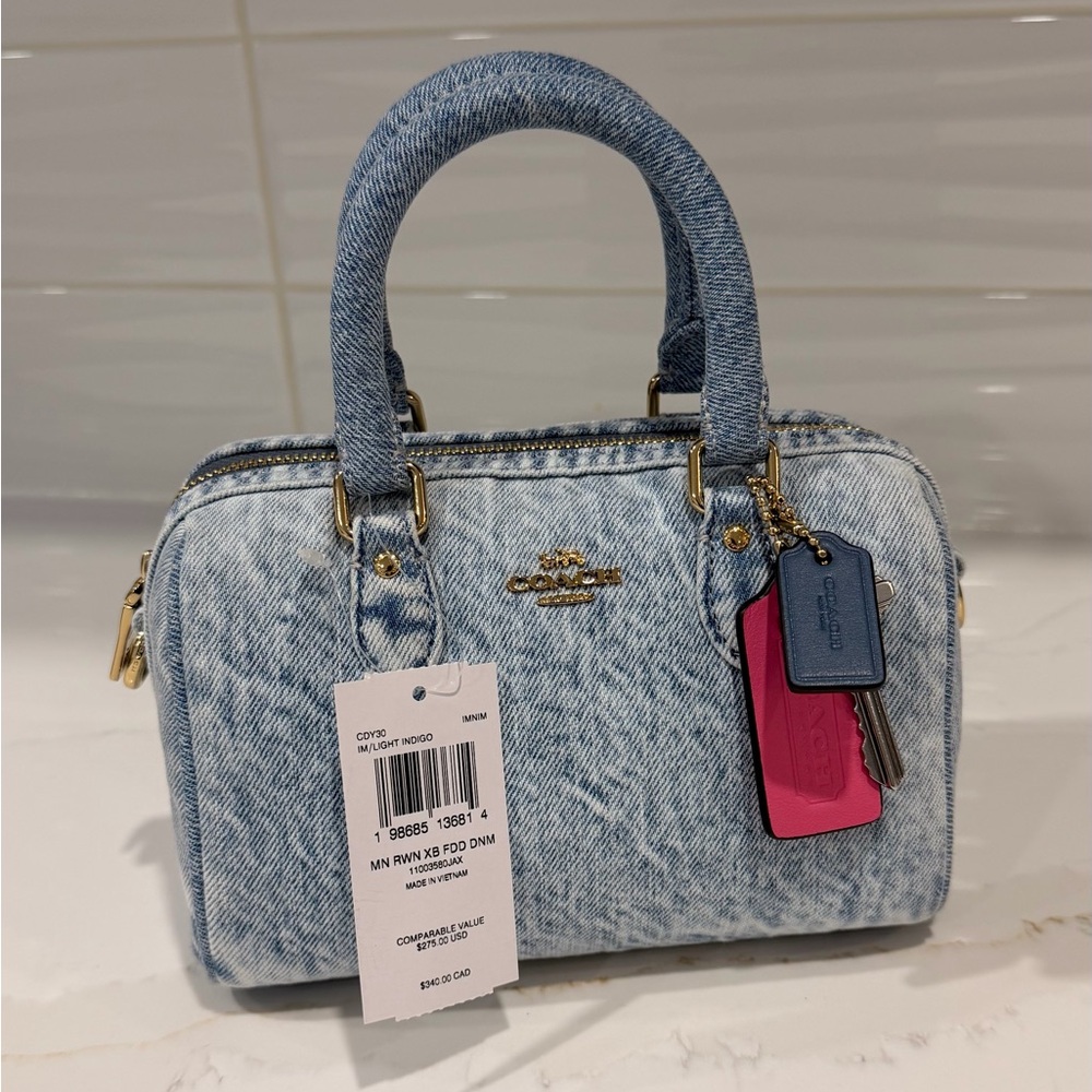 Coach Mini Rowan Crossbody Bag In Loved Denim With Charms CDY30 NWT